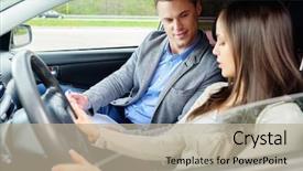  Presentation with examination - Audience pleasing PPT theme consisting of driving-instructor-and-woman-student backdrop and a mint green colored foreground