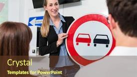  Presentation with driving - Presentation design having driving instructor explaining meaning of street sign to class of students background and a tawny brown colored foreground