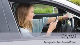  Presentation with coffee - Theme with driving texting - young woman having a coffee background and a  colored foreground