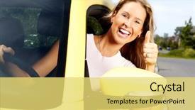  Presentation with woman car driver map - Cool new slides with driving traffic cars - young beautiful woman car driver backdrop and a  colored foreground