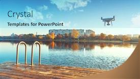  Presentation with camera drone - Audience pleasing presentation design consisting of drone copter with digital camera blur river on background backdrop and a light blue colored foreground