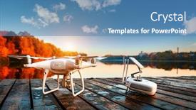  Presentation with camera drone - Presentation theme featuring drone copter with digital camera blur river on autumn background background and a teal colored foreground
