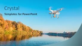  Presentation with camera drone - Presentation design enhanced with drone copter with digital camera blur river on background background and a cyan colored foreground