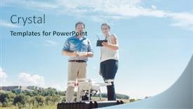  Presentation with video production - Presentation theme having drone-operators-starting-the-vehicle background and a light blue colored foreground