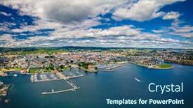  Presentation with drone - Amazing slide set having drone-view-of-kristiansand-town backdrop and a ocean colored foreground