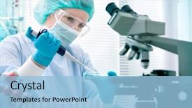  Presentation with scientist - Cool new PPT theme with dropper working at the laboratory backdrop and a light blue colored foreground