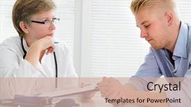  Presentation with doctor office - Slide deck featuring drug abuse - doctor talking to her male background and a soft green colored foreground