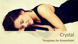  Presentation with bottle - Presentation theme featuring drug abuse - drunk woman sleeping on bed background and a cream colored foreground