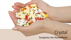  Presentation with chemistry white pills - Audience pleasing presentation theme consisting of drug abuse - hands holding pills on white backdrop and a coral colored foreground