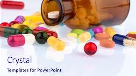  Presentation with container - Colorful presentation theme enhanced with drug abuse - many tablets container lying backdrop and a sky blue colored foreground