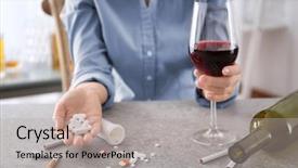  Presentation with alcohol pills - Cool new presentation theme with drug abuse - young woman sitting at table backdrop and a light gray colored foreground