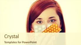  Presentation with drug abuse - Presentation theme having drug abuse - young woman with pills background and a cream colored foreground