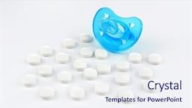  Presentation with chemistry white pills - Beautiful presentation design featuring child drugs addiction - baby pacifier with pills backdrop and a sky blue colored foreground