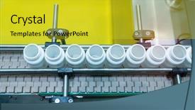  Presentation with production line - Colorful PPT theme enhanced with drug ampuoles - pharmaceutical packing production line conveyer backdrop and a yellow colored foreground