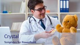  Presentation with examination - PPT layouts enhanced with drug animale - doctor veterinary pediatrician holding background and a light blue colored foreground