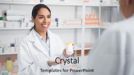 Presentation with pharmacist - Amazing presentation theme having smiling pharmacist holding a drug backdrop and a light gray colored foreground