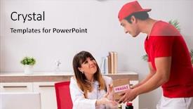  Presentation with courier - Audience pleasing presentation theme consisting of drug delivery - courier delivering urgent parcel backdrop and a white colored foreground