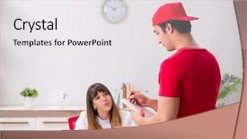  Presentation with courier - PPT layouts with drug delivery - courier delivering urgent parcel background and a sky blue colored foreground