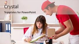  Presentation with courier - Cool new presentation theme with drug delivery - courier delivering urgent parcel backdrop and a soft green colored foreground