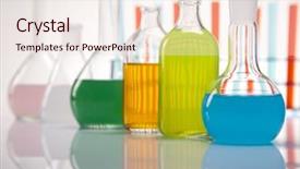  Presentation with flasks - Colorful theme enhanced with drug discovery - laboratory flasks containing liquid color backdrop and a  colored foreground