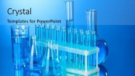  Presentation with drug discovery - Colorful slide deck enhanced with drug discovery - test-tubes on blue background backdrop and a  colored foreground