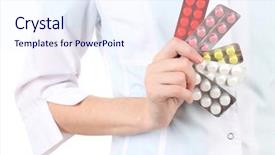 Presentation with drug - Colorful presentation theme enhanced with drug diversion - close-up of female doctor hand backdrop and a sky blue colored foreground