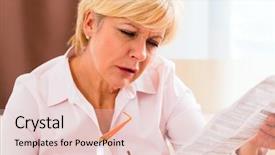  Presentation with medicament - Theme featuring drug interaction - old woman reading medicament package background and a lemonade colored foreground