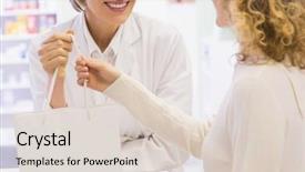  Presentation with paper bag - Colorful presentation enhanced with drug interaction - pharmacist and costumer holding paper backdrop and a lemonade colored foreground