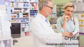  Presentation with drug pharmacy - Slides featuring drug interaction - pharmacist and customer talking background and a soft green colored foreground