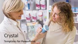  Presentation with drug pharmacy - Colorful PPT layouts enhanced with drug interaction - pharmacist and customer talking backdrop and a mint green colored foreground