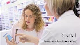  Presentation with drug interaction - Colorful PPT theme enhanced with drug interaction - pharmacist and her customer talking backdrop and a  colored foreground