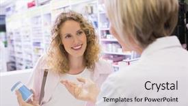  Presentation with drug pharmacy - Colorful slide set enhanced with drug interaction - pharmacist and her customer talking backdrop and a light gray colored foreground