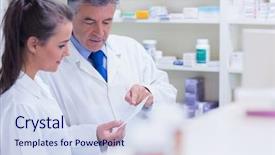  Presentation with drug interaction - Slides enhanced with drug interaction - pharmacist explaining a prescription background and a sky blue colored foreground