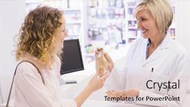  Presentation with drug interaction - Colorful presentation enhanced with drug interaction - pharmacist giving medicine to costumer backdrop and a lemonade colored foreground