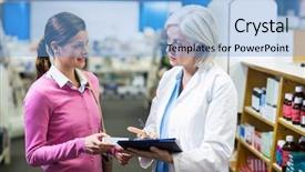  Presentation with prescriptions - Audience pleasing slides consisting of drug interaction - pharmacist writing prescriptions for customer backdrop and a light blue colored foreground