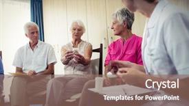  Presentation with drug interaction - Beautiful slide deck featuring drug interaction - seniors talking with nurse backdrop and a coral colored foreground