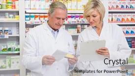  Presentation with preanesthetic medication - Presentation theme consisting of drug interaction - smiling pharmacists team talking background and a light gray colored foreground