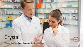  Presentation with hospital pharmacy - PPT theme featuring drug interaction - team of pharmacists smiling background and a  colored foreground