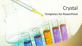  Presentation with test tubes - Beautiful PPT theme featuring drug molecules - pipette adding yellow fluid backdrop and a cream colored foreground
