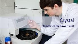  Presentation with chemist - Theme with drug molecules - young chemist using a centrifuge background and a sky blue colored foreground