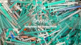  Presentation with drug - PPT layouts enhanced with drug pollution - pile of used disposable syringes background and a teal colored foreground