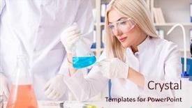  Presentation with working in a clinic - Presentation theme featuring drug pollution - young woman chemist working background and a  colored foreground
