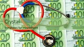  Presentation with health insurance - Theme with drug precautions - stethoscope and euro banknotes symbol background and a seafoam green colored foreground