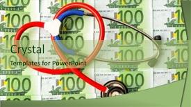  Presentation with health insurance - Theme featuring drug precautions - stethoscope and euro bills symbol background and a mint green colored foreground