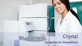  Presentation with scientist - Amazing slides having drug molecules - female scientist using a centrifuge backdrop and a  colored foreground