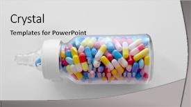  Presentation with chemistry white pills - Beautiful slide set featuring drug safety - feeding bottle full of pills backdrop and a light gray colored foreground