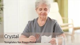  Presentation with elderly home - Beautiful slide deck featuring drug side effect - elderly woman with pills backdrop and a coral colored foreground