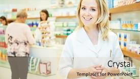  Presentation with five business people standing together and smiling - Cool new slide deck with drug store - cheerful smiling pharmacist woman standing backdrop and a  colored foreground