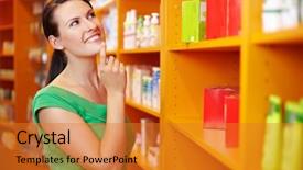  Presentation with woman pushing shopping trolley - Slide deck having drug store - content woman shopping in pharmacy background and a  colored foreground