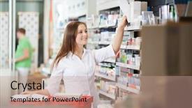  Presentation with pharmacy management people - PPT theme featuring drug store - young pharmacist stocking shelves background and a coral colored foreground